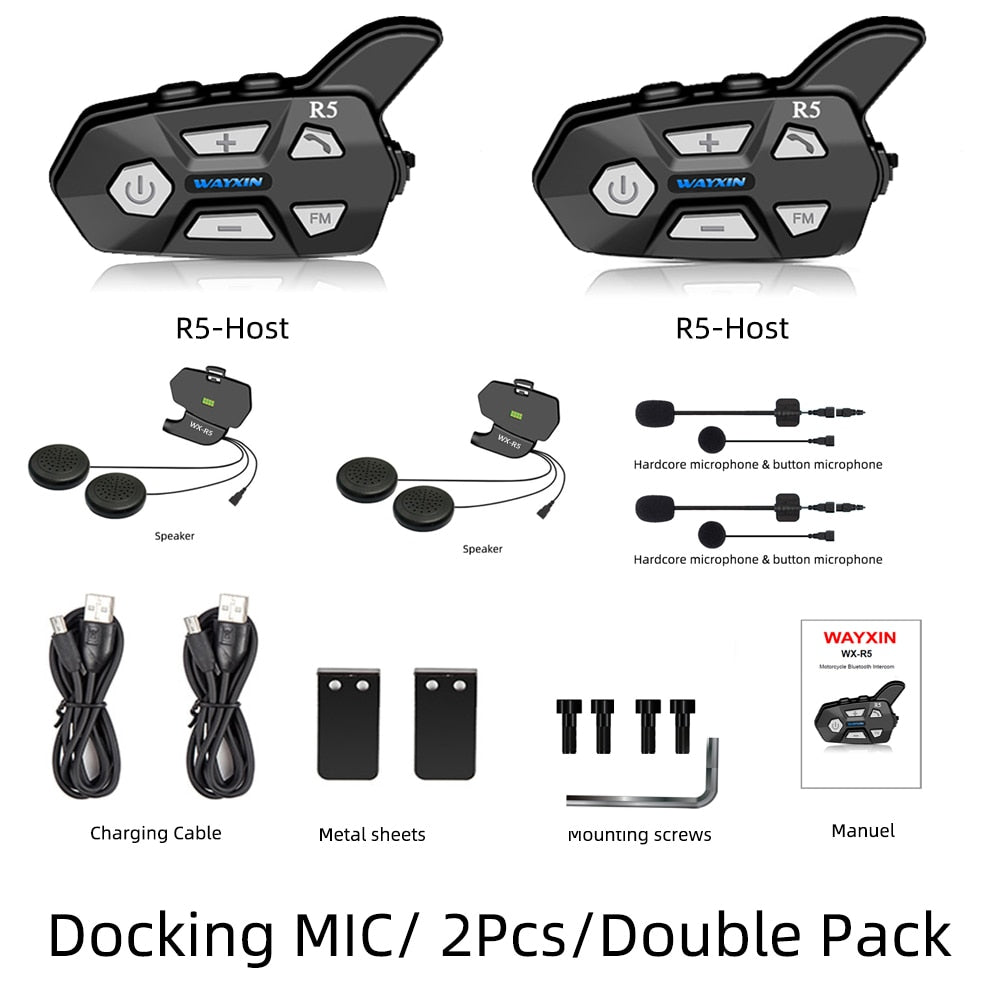 WAYXIN R5 BT5.0 Motorcycle Helmet Intercom 2 Rider Wireless Bluetooth Headset Intercomunicador Moto Interphone