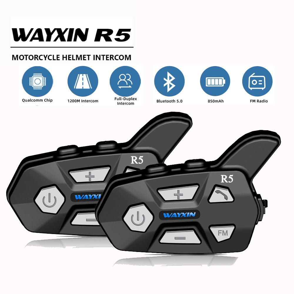 WAYXIN R5 BT5.0 Motorcycle Helmet Intercom 2 Rider Wireless Bluetooth Headset Intercomunicador Moto Interphone